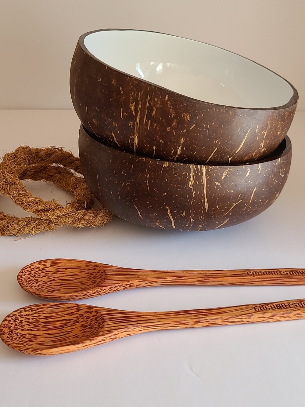 Handcrafted Coconut Shell Bowl Set with White Interior - Natural Brown